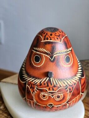 Handcrafted Orange Owl Gourd Sculpture - Decorative Home Art